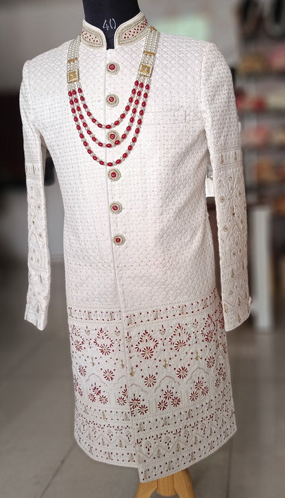 White Thread Embroidered Sherwani, Groom Suit