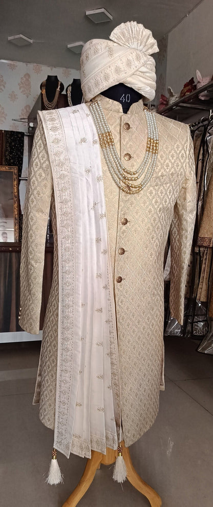 Ivory Wedding Sherwani, Groom Handcrafted Outfit, Indian Suit
