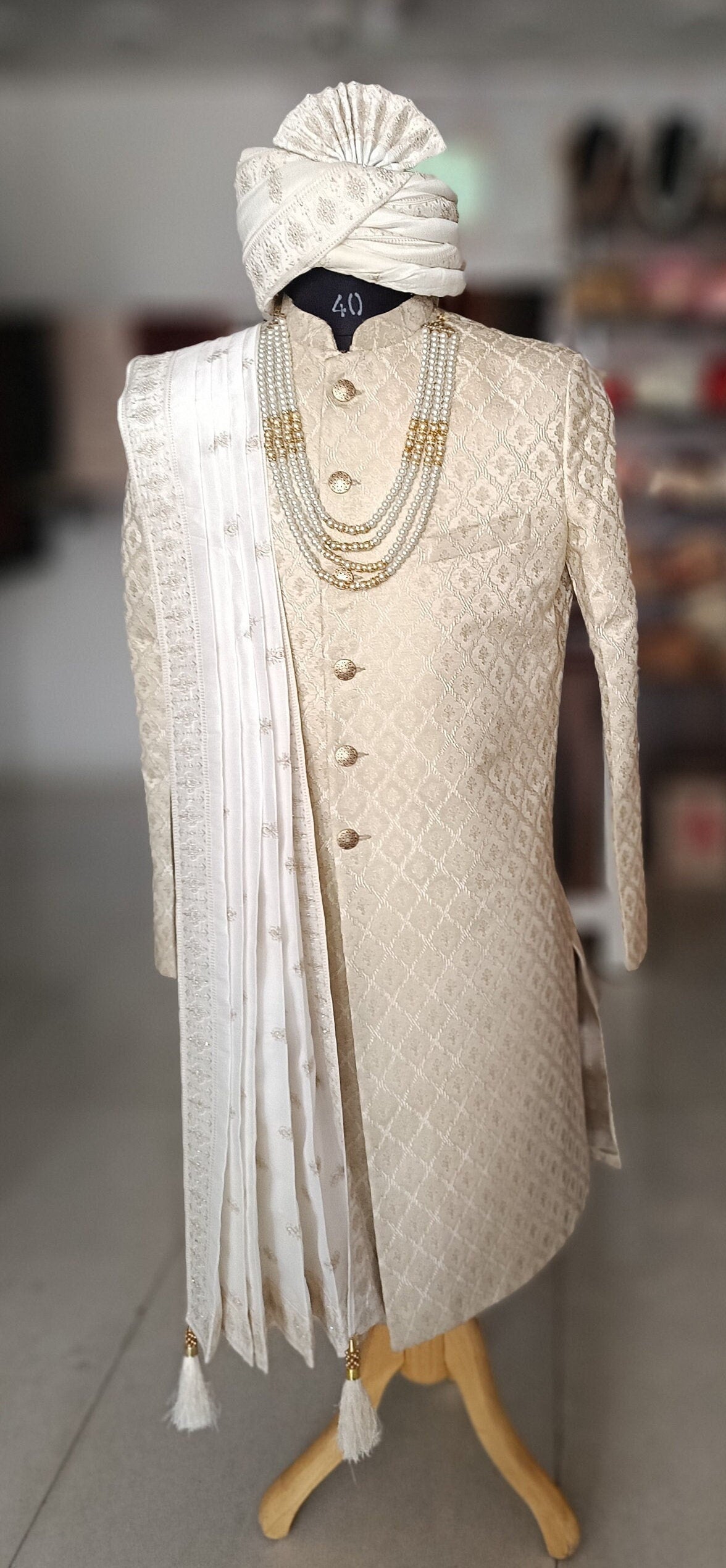 Ivory Wedding Sherwani, Groom Handcrafted Outfit, Indian Suit