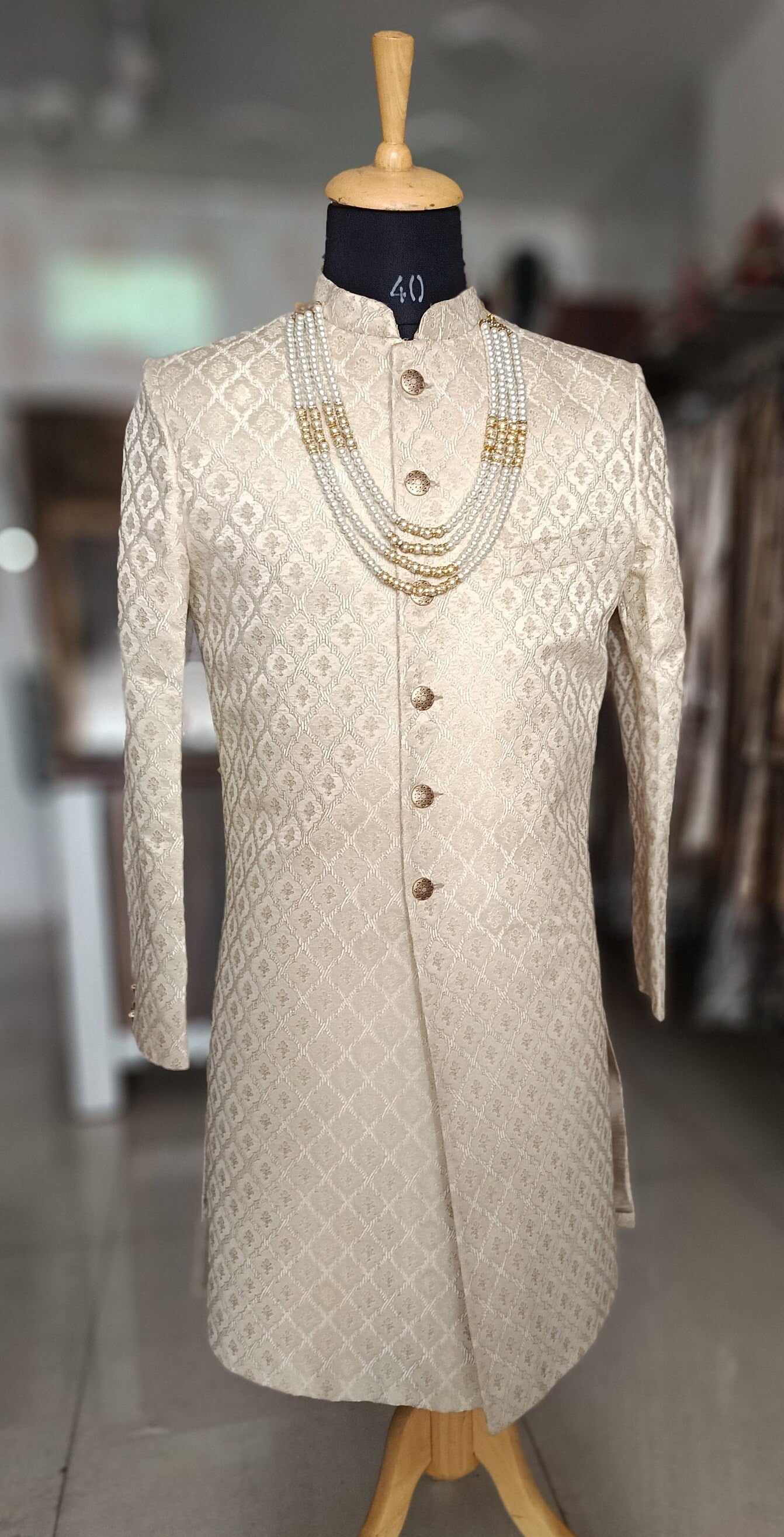 Ivory Wedding Sherwani, Groom Handcrafted Outfit, Indian Suit