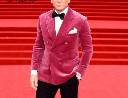Men's Pink Velvet Double Breasted Blazer, Party Dinner Jacket