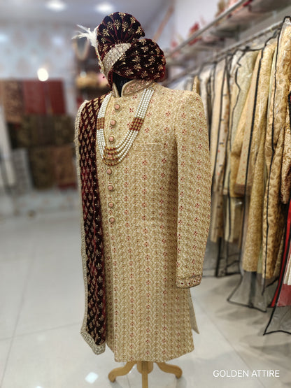 Beige Sherwani for Men, Indian Wedding Groom Outfit