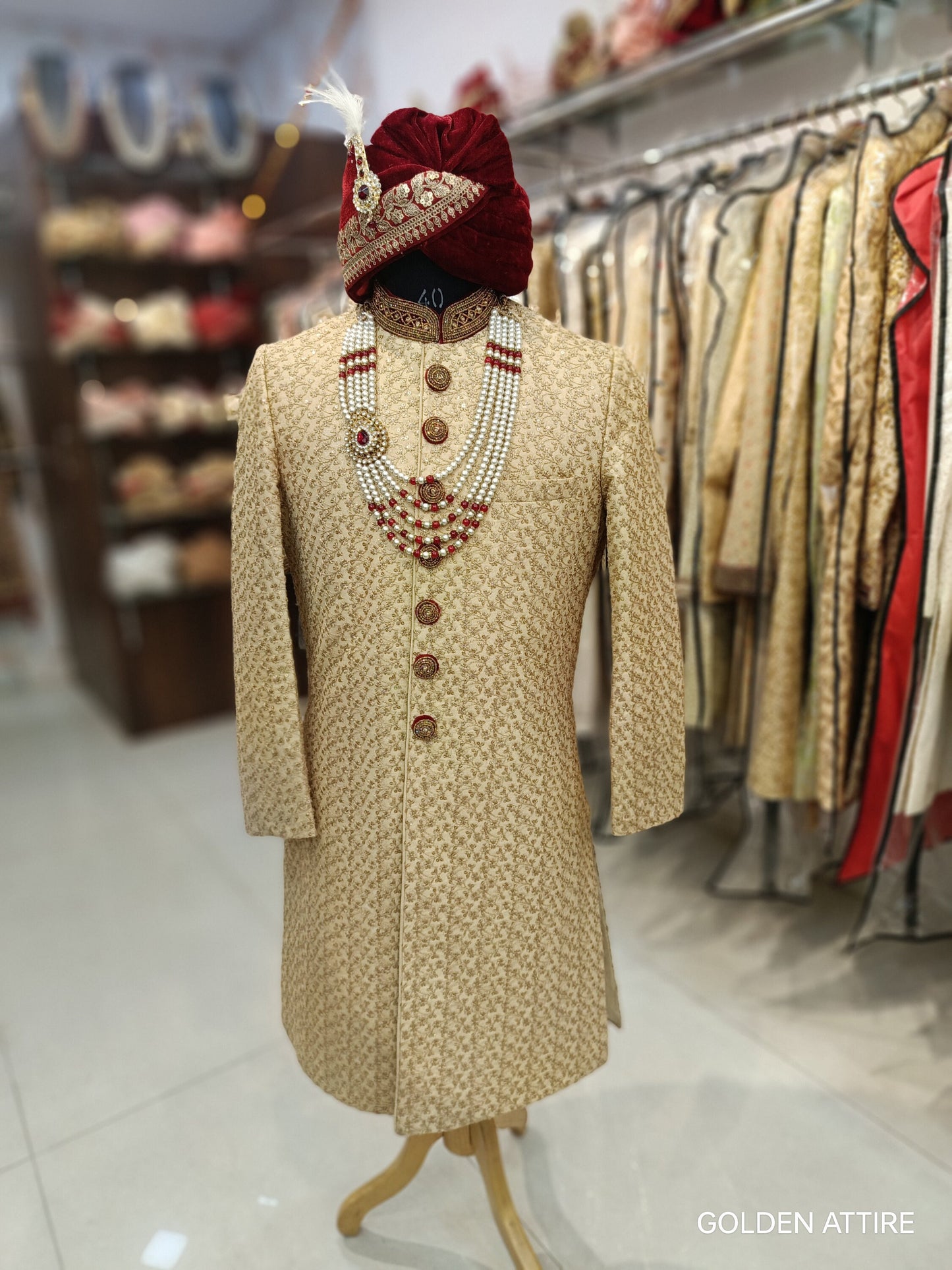 Men’s Beige Sherwani Groom Outfit, Custom Fit Indian Wedding Sherwani Set