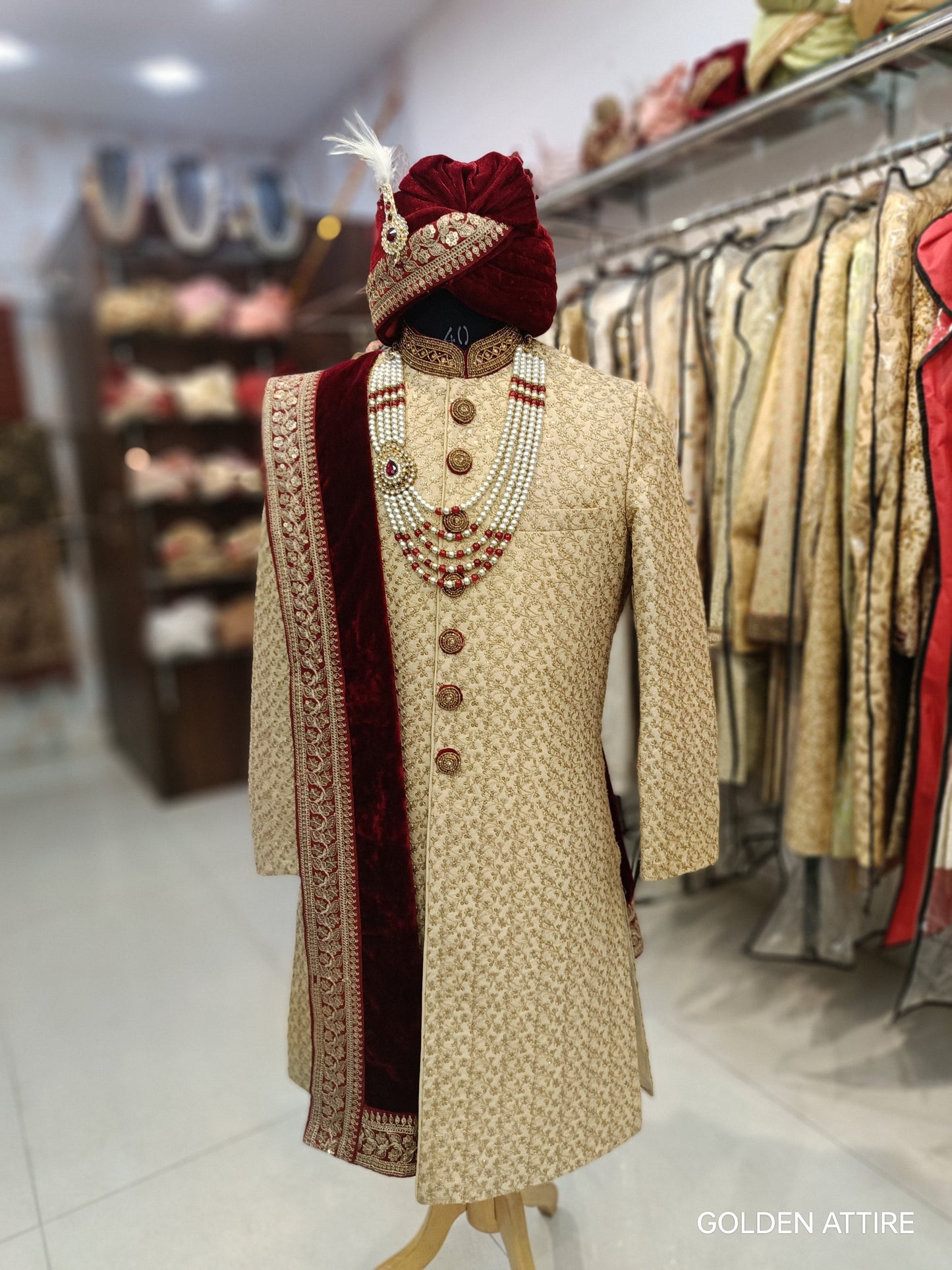 Men’s Beige Sherwani Groom Outfit, Custom Fit Indian Wedding Sherwani Set
