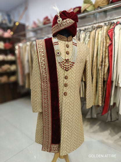 Men’s Beige Sherwani Groom Outfit, Custom Fit Indian Wedding Sherwani Set