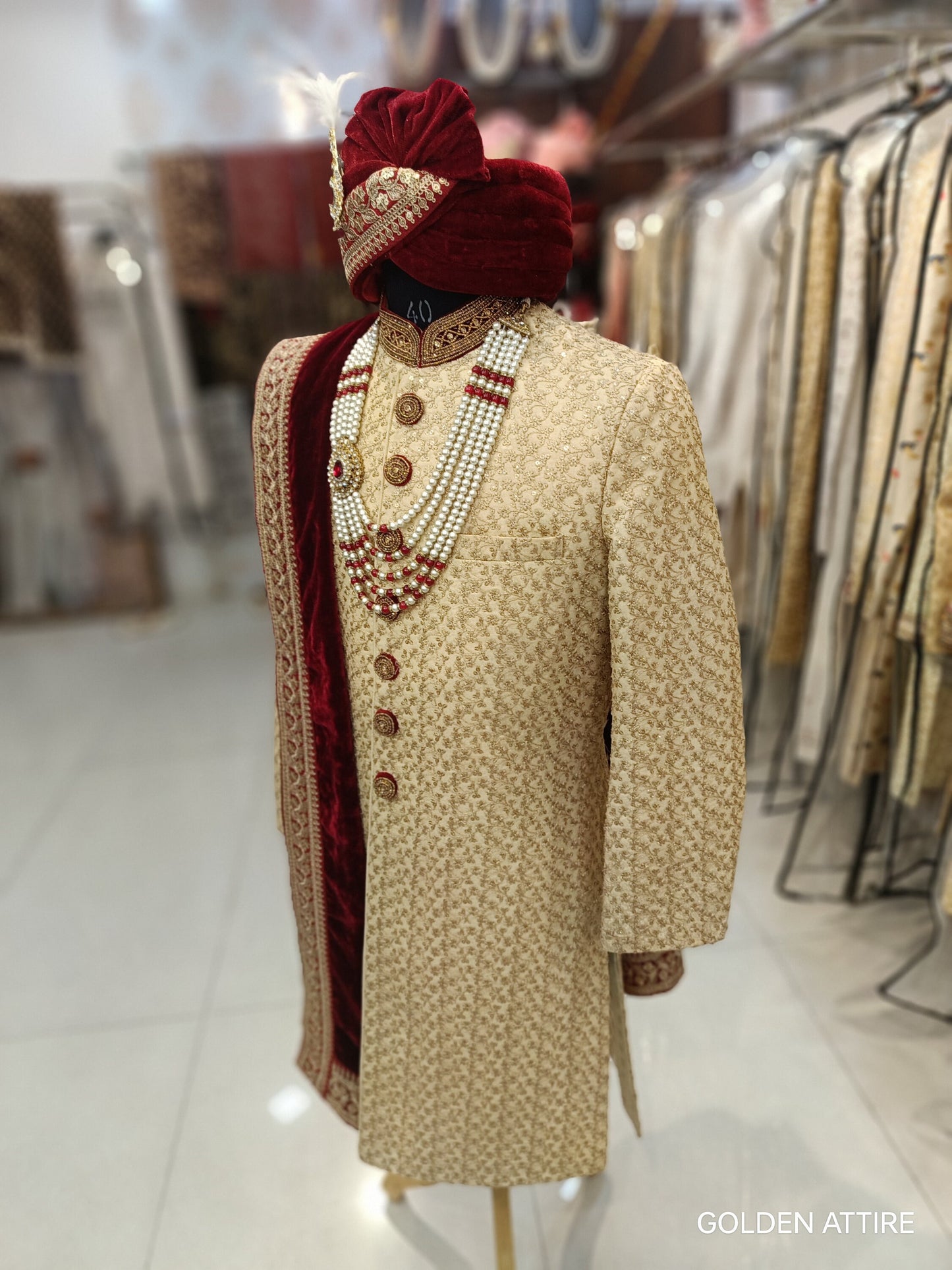 Men’s Beige Sherwani Groom Outfit, Custom Fit Indian Wedding Sherwani Set