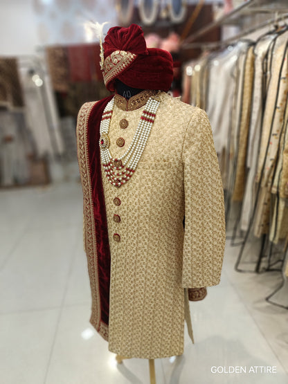 Men’s Beige Sherwani Groom Outfit, Custom Fit Indian Wedding Sherwani Set