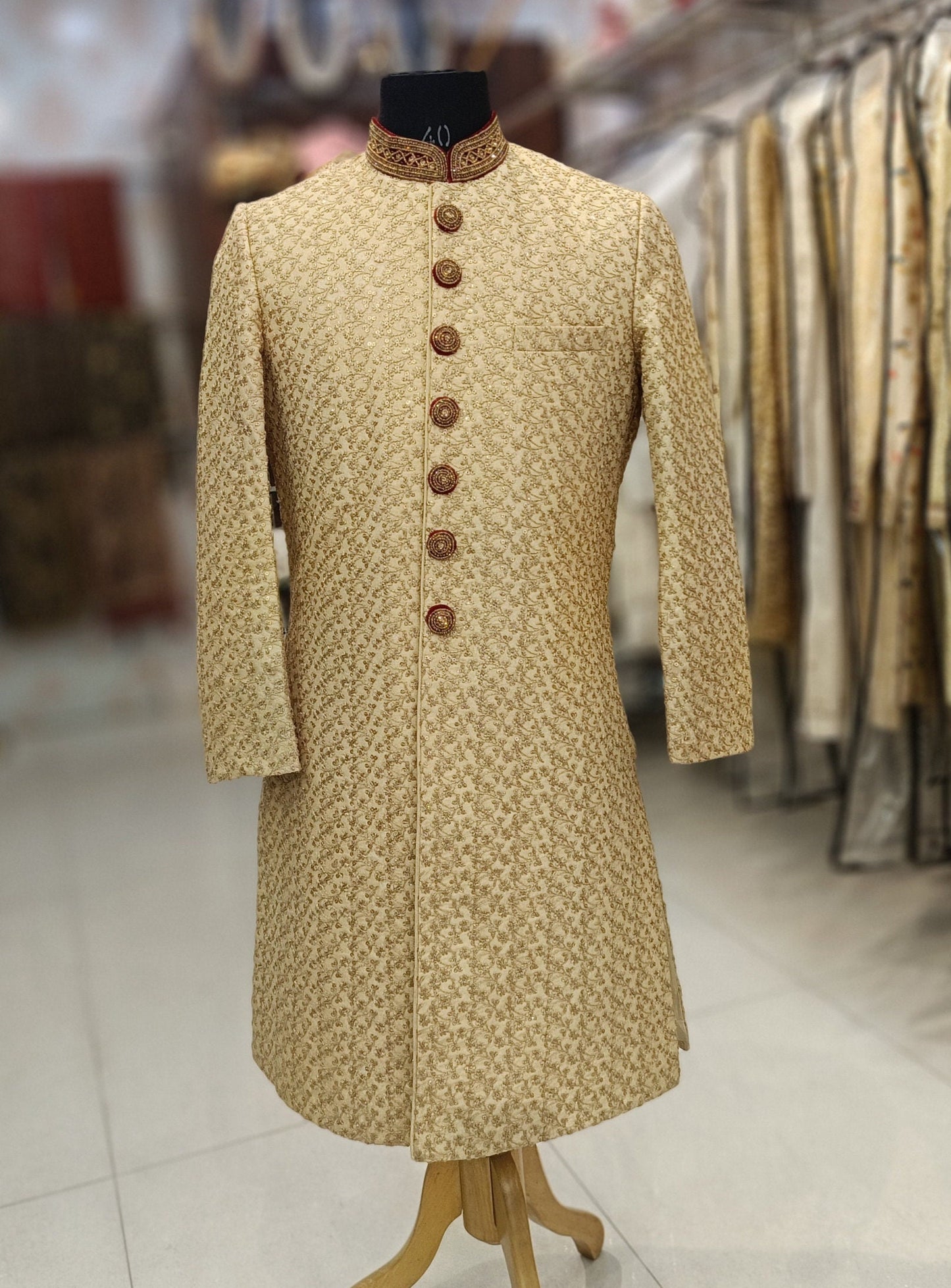 Men’s Beige Sherwani Groom Outfit, Custom Fit Indian Wedding Sherwani Set