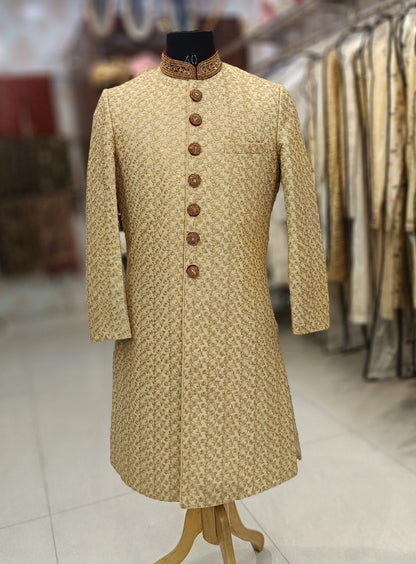 Men’s Beige Sherwani Groom Outfit, Custom Fit Indian Wedding Sherwani Set