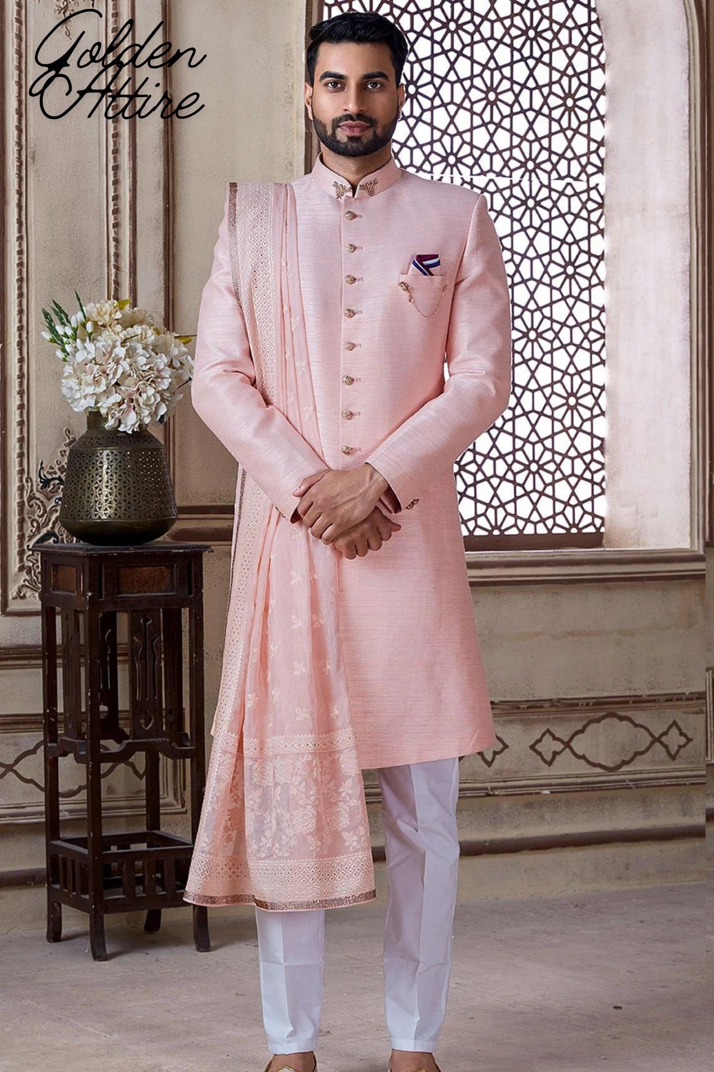 Charming Pink Sherwani, Groom Wedding Suit, Indo Western Outfit