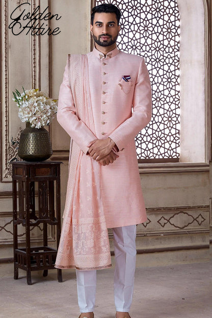 Charming Pink Sherwani, Groom Wedding Suit, Indo Western Outfit