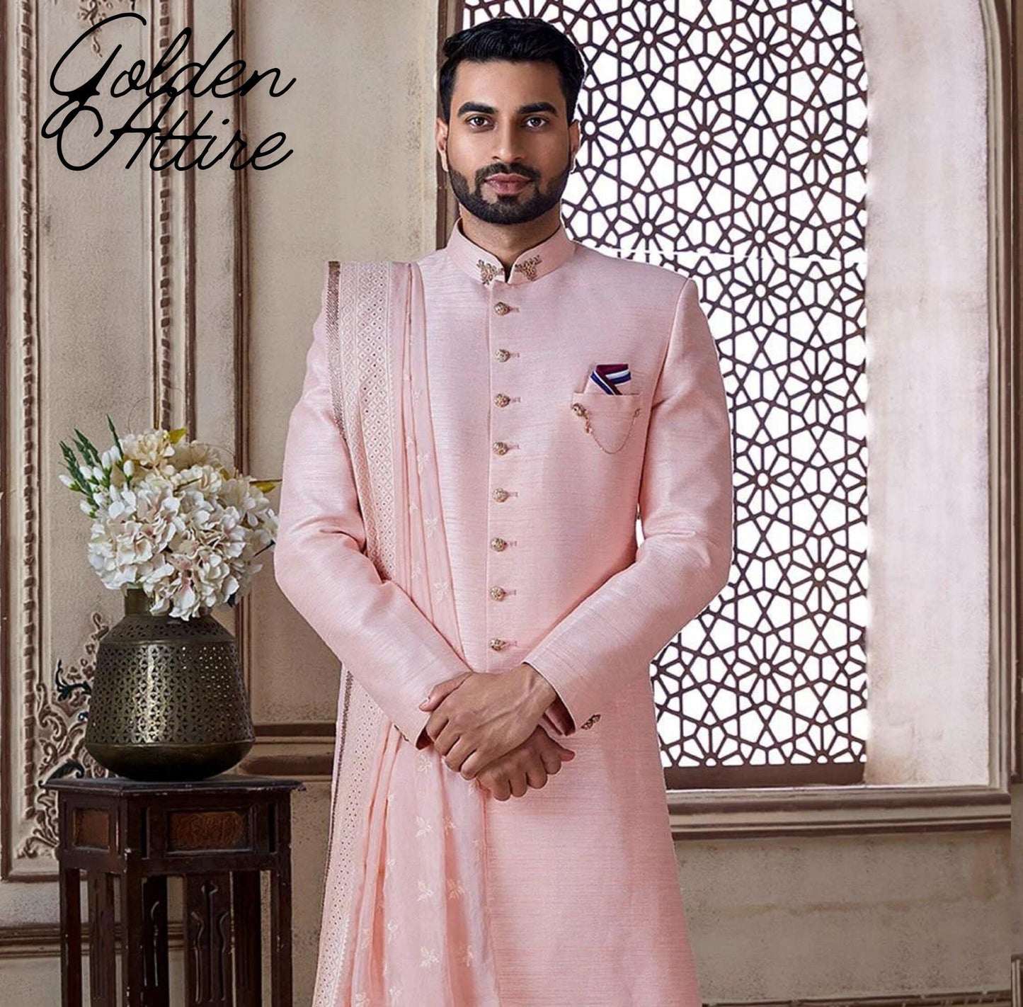 Charming Pink Sherwani, Groom Wedding Suit, Indo Western Outfit