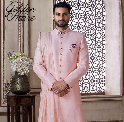 Charming Pink Sherwani, Groom Wedding Suit, Indo Western Outfit