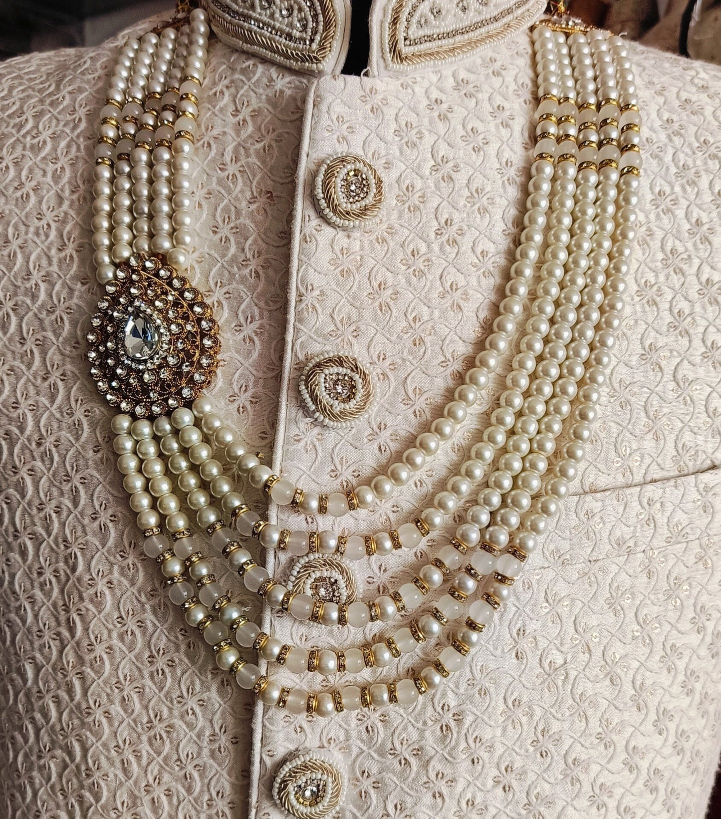 Indian Wedding Groom Necklace, Pearl & Stone Sherwani Kantha