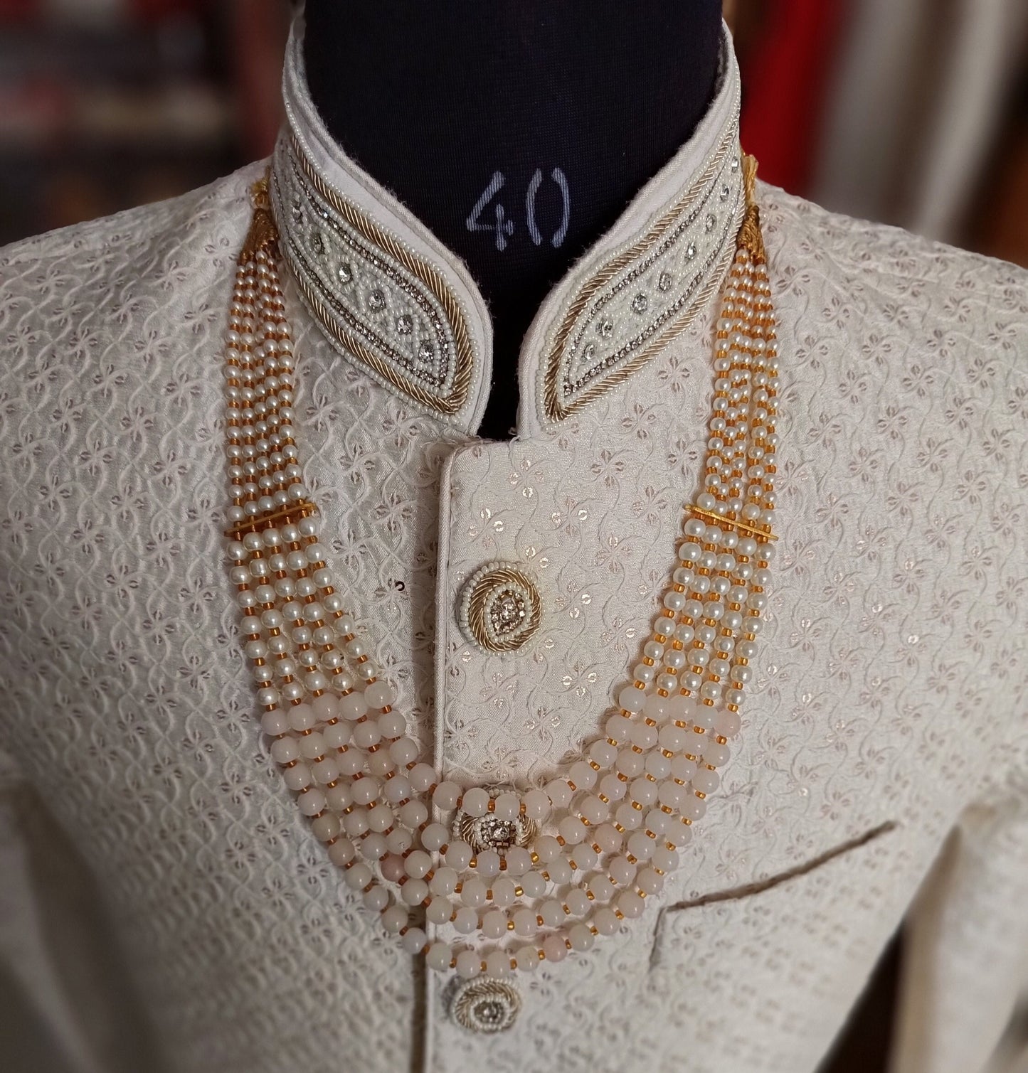 Groom's Pearl & Stone Bead Necklace: Sherwani Kantha Accessory