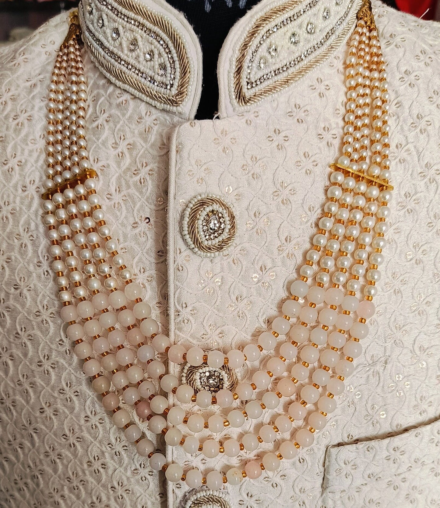 Groom's Pearl & Stone Bead Necklace: Sherwani Kantha Accessory