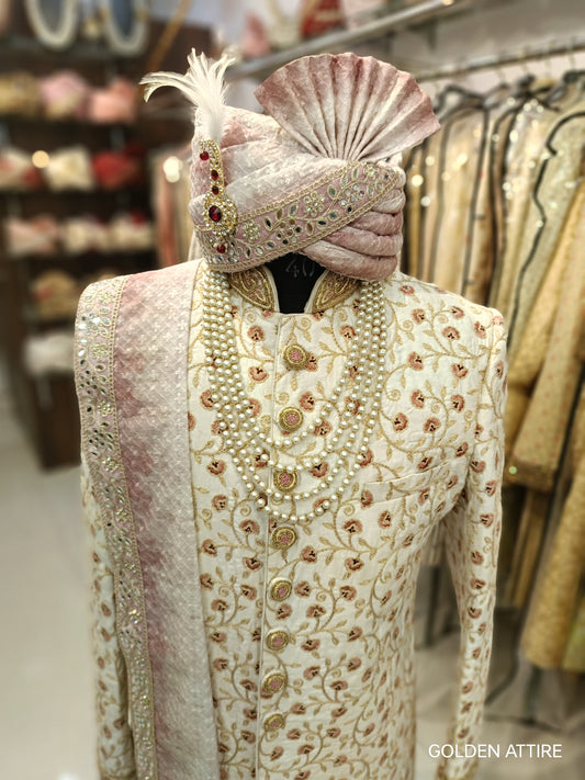 Ivory Sherwani for Men: Indian Wedding Groom Outfit