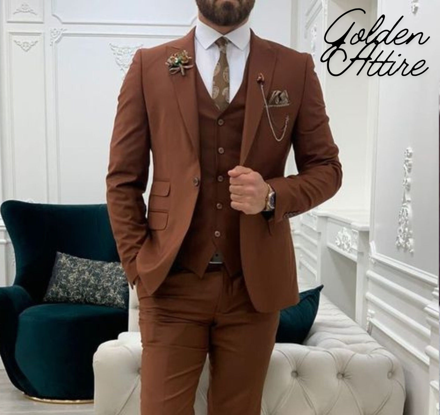 Men's Terracotta Three Piece Suit: Wedding Groom Bespoke Tuxedo