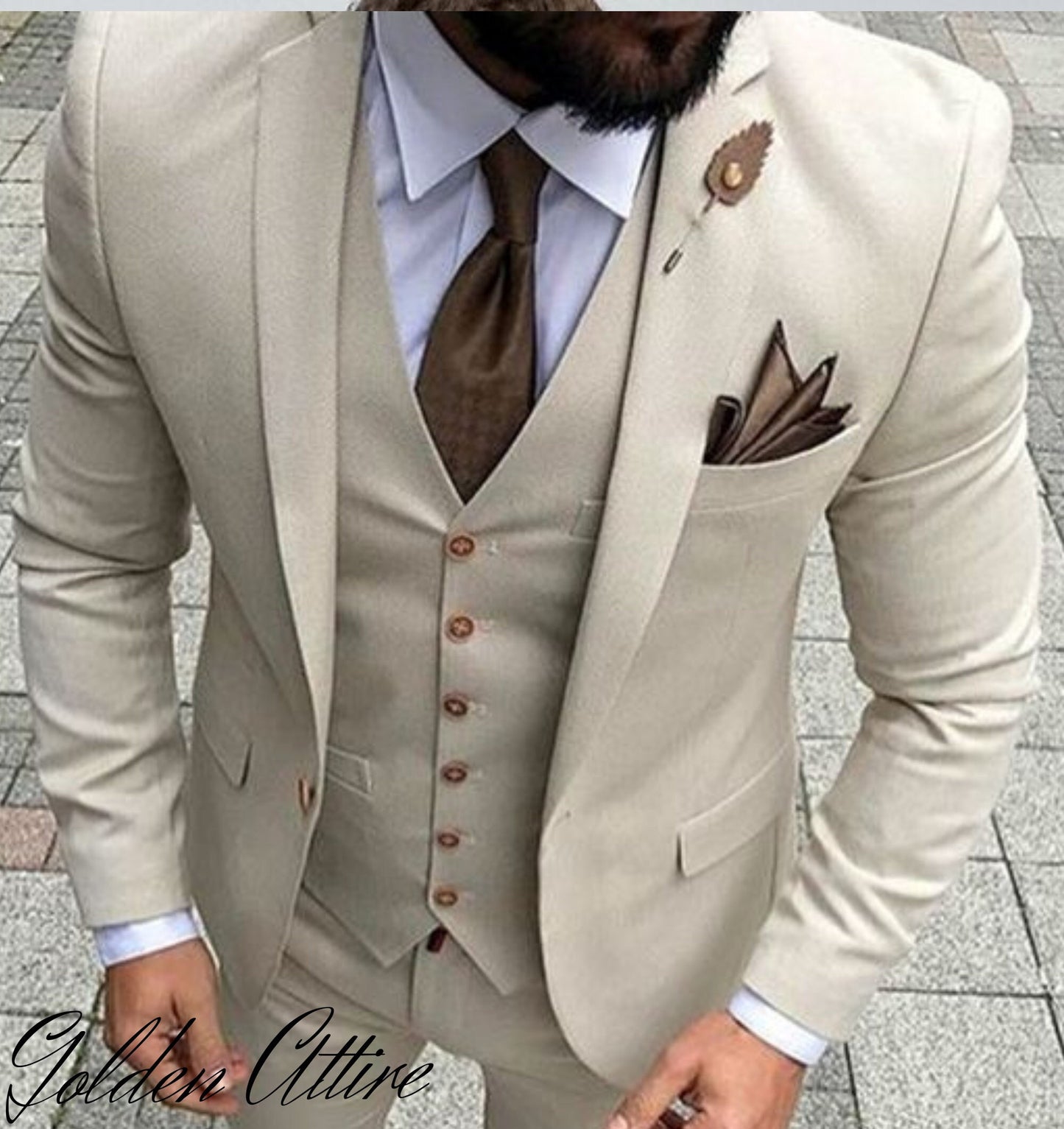 Beige 3-Piece Suit: Slim Fit One Button Wedding Groom Suit