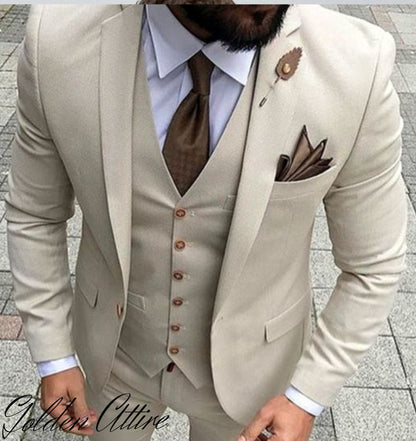 Beige 3-Piece Suit: Slim Fit One Button Wedding Groom Suit
