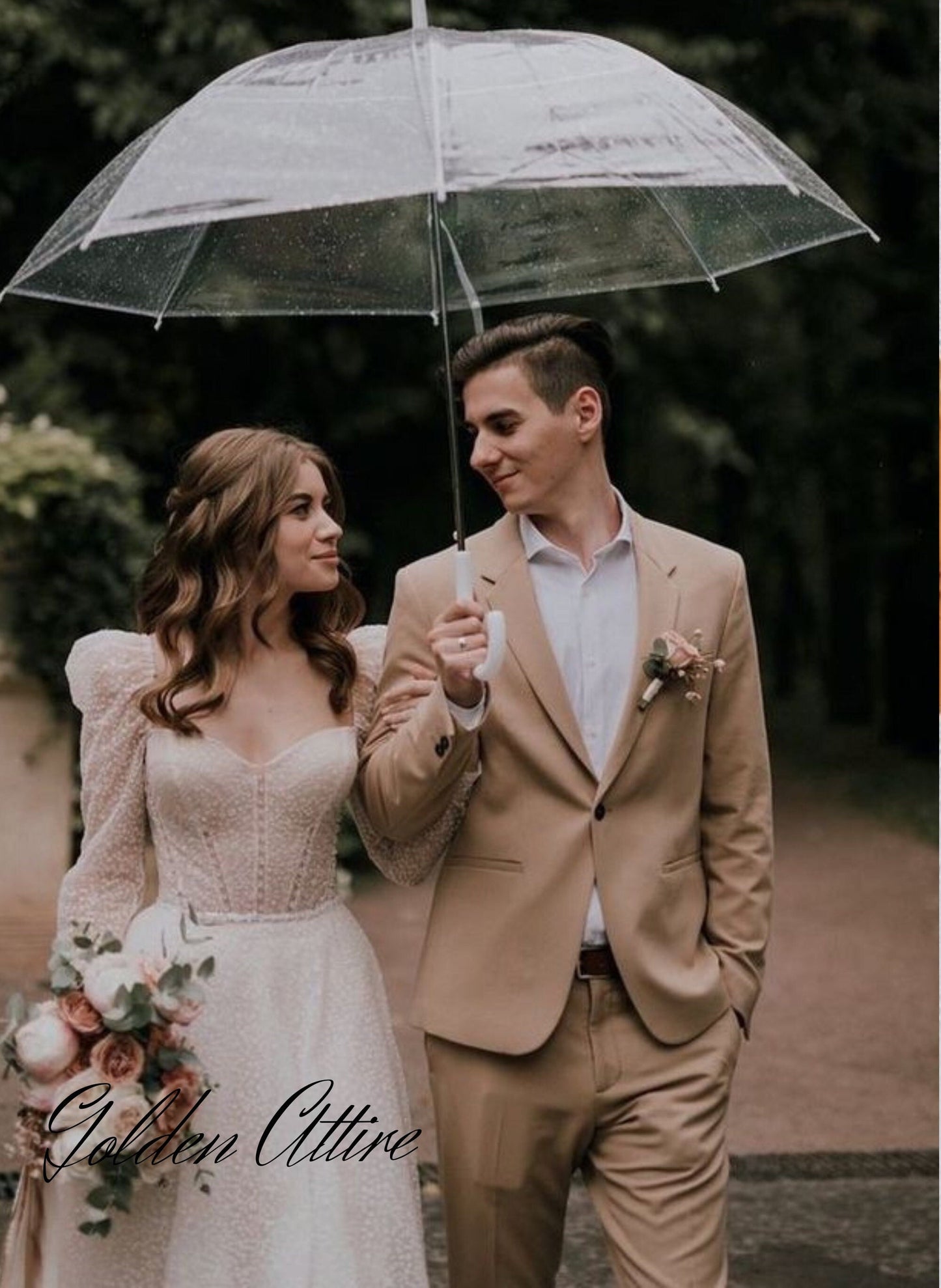 Beige Two-Piece Suit: Golden Attire Wedding Groom Suit