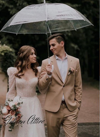 Beige Two-Piece Suit: Golden Attire Wedding Groom Suit