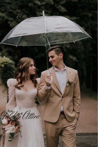 Beige Two-Piece Suit: Golden Attire Wedding Groom Suit