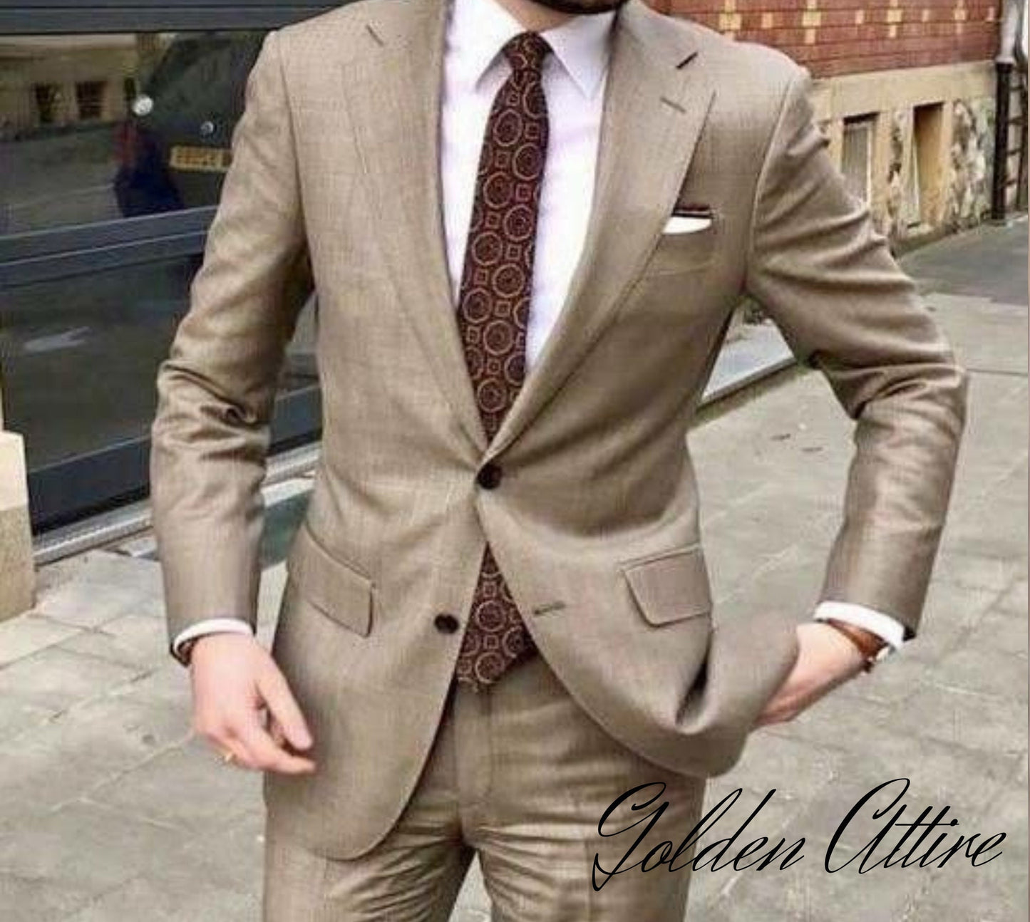 Beige Two-Piece Suit: Handmade Classic Wedding Groom Suit