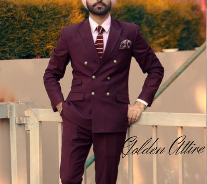 Maroon Double Breasted Suit: Slim Fit Two-Piece Tuxedo