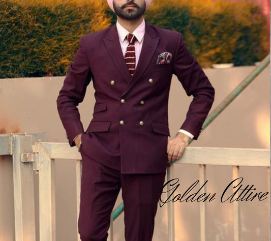 Maroon Double Breasted Suit: Slim Fit Two-Piece Tuxedo