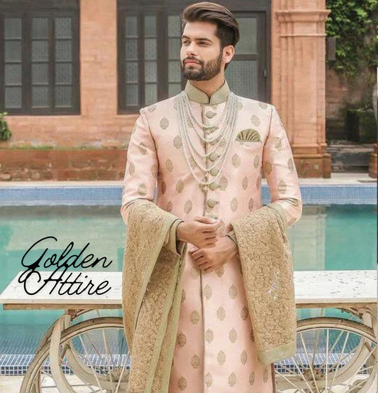 Charming Pink Sherwani for Men, Indian Wedding Groom Dress