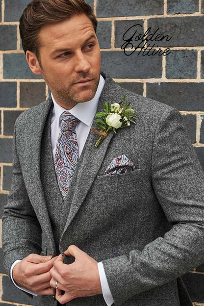 Grey Tweed Wool Men's Suit, Three Piece Wedding Groom Suit