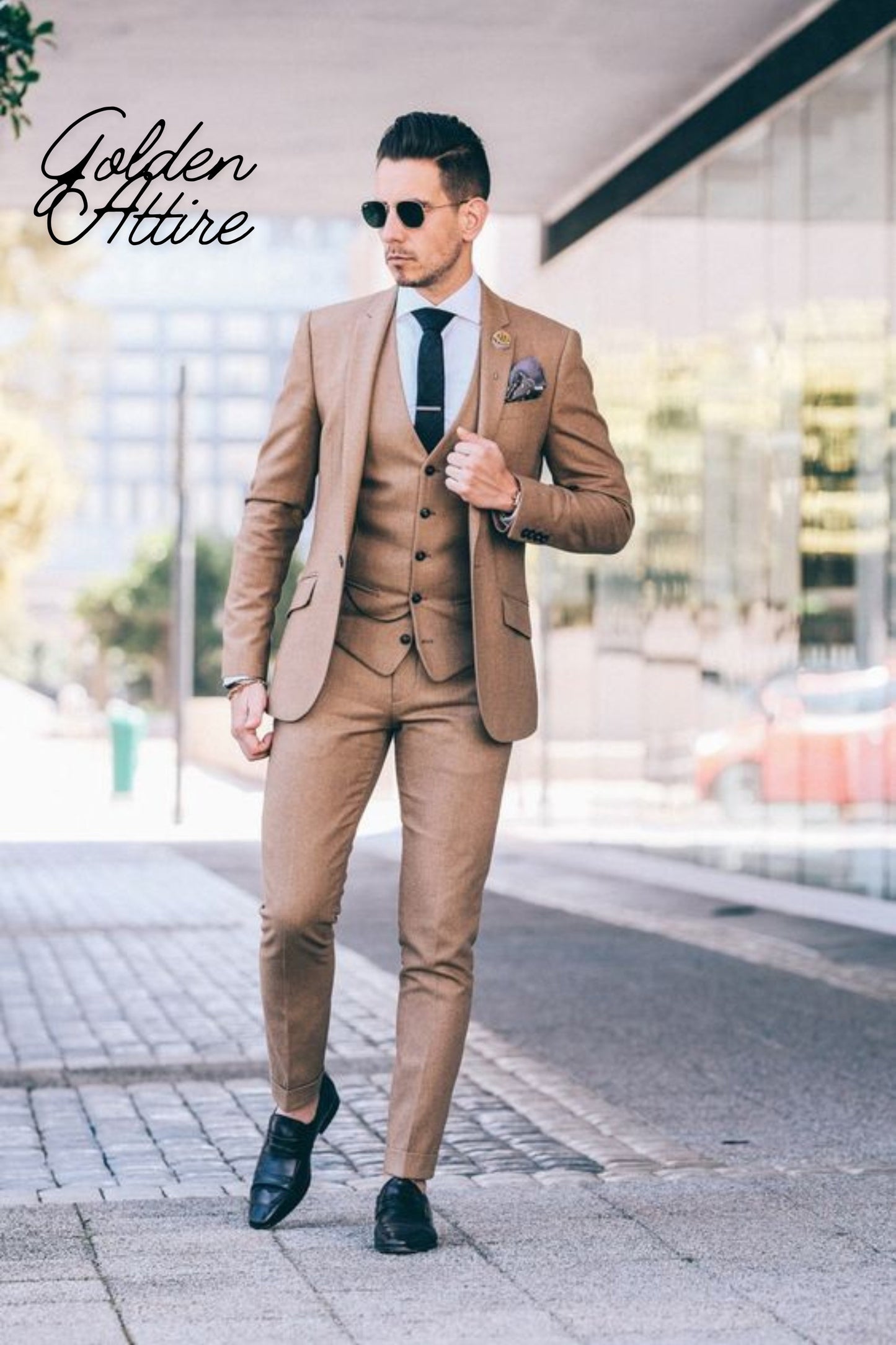 Beige 3-Piece Slim Fit Suit: Golden Attire Wedding Tuxedo