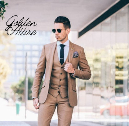 Beige 3-Piece Slim Fit Suit: Golden Attire Wedding Tuxedo