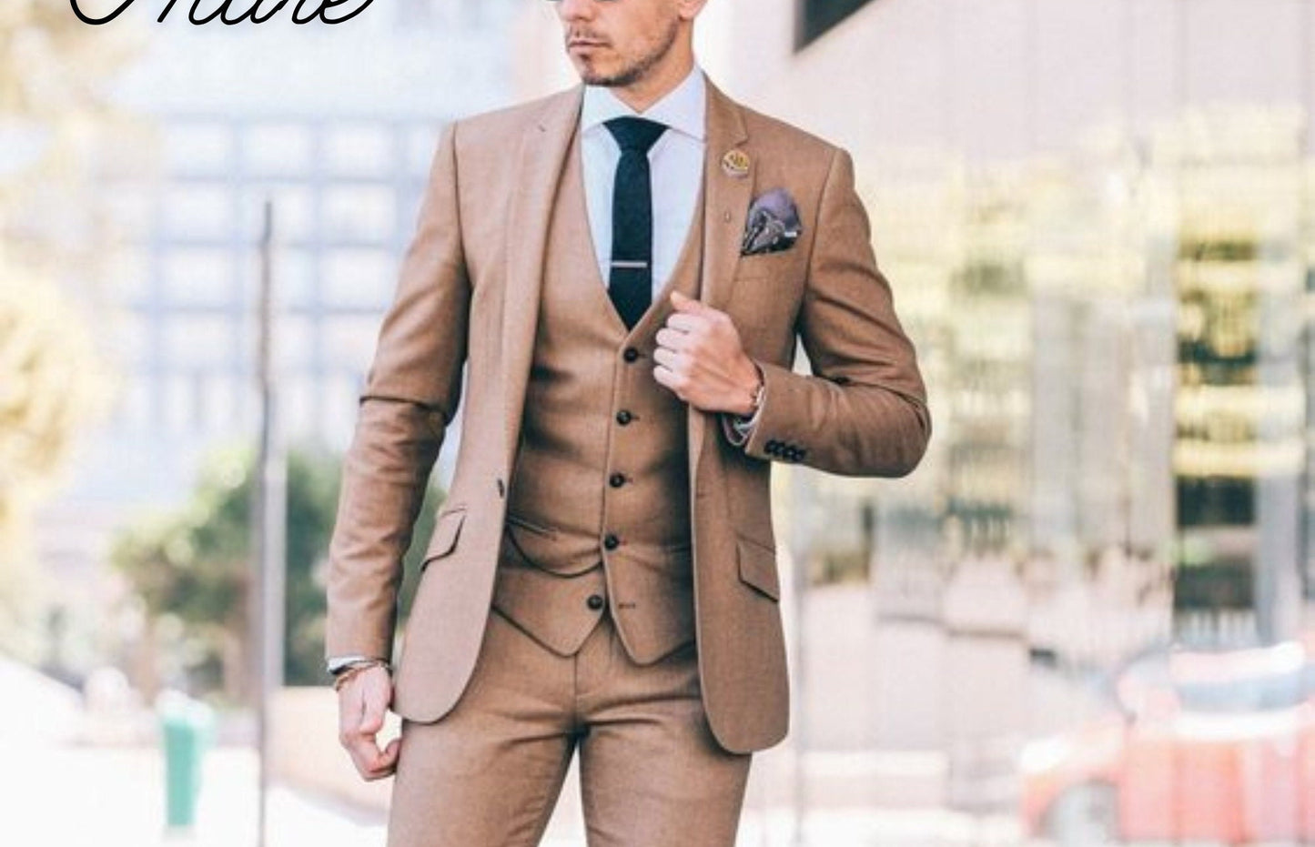 Beige 3-Piece Slim Fit Suit: Golden Attire Wedding Tuxedo