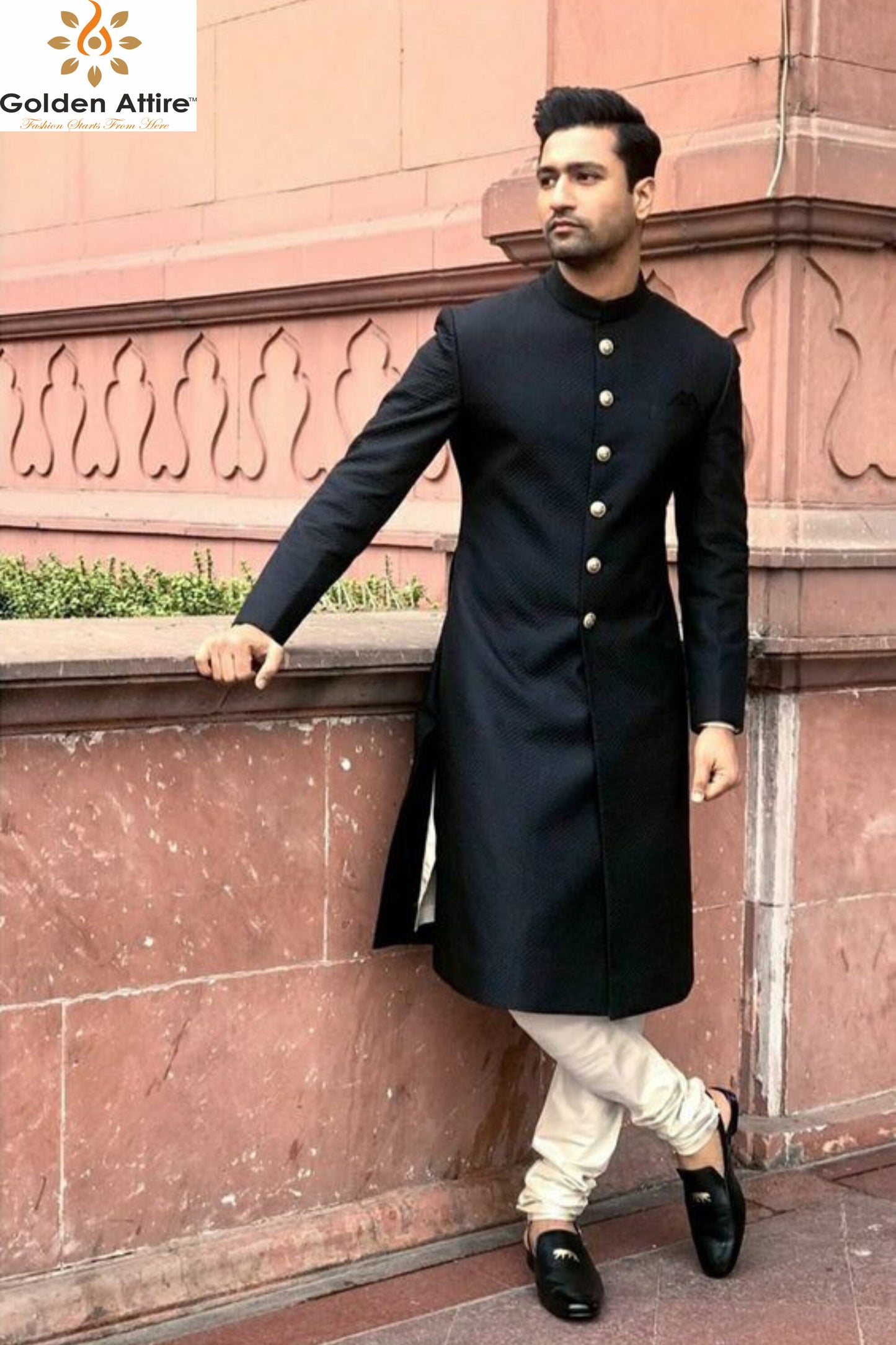 Black Indo Western Achkan Set: Ivory Meenakari Buttons, Groom Sherwani
