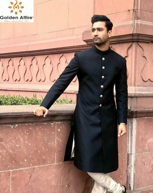 Black Indo Western Achkan Set: Ivory Meenakari Buttons, Groom Sherwani