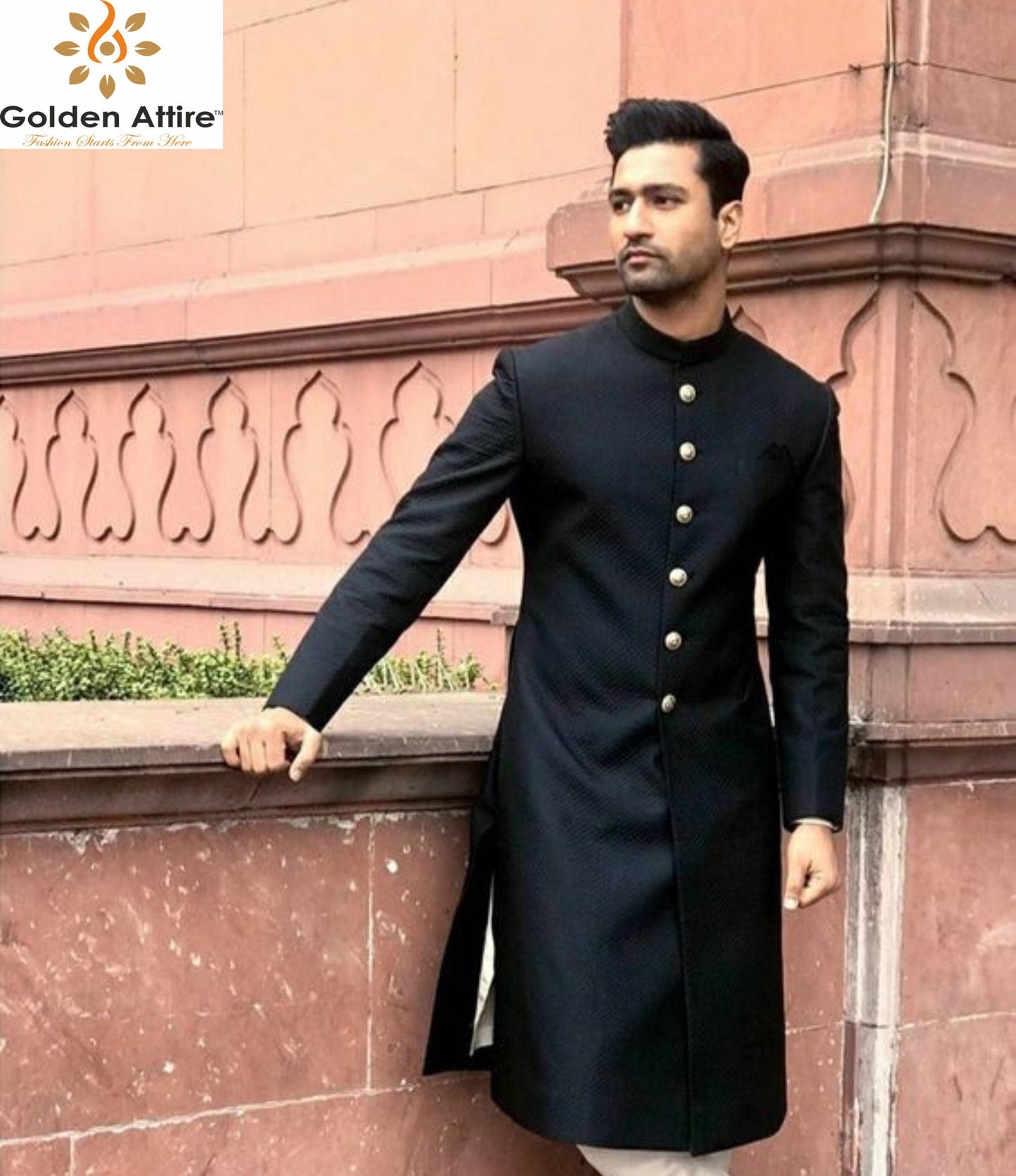 Black Indo Western Achkan Set: Ivory Meenakari Buttons, Groom Sherwani