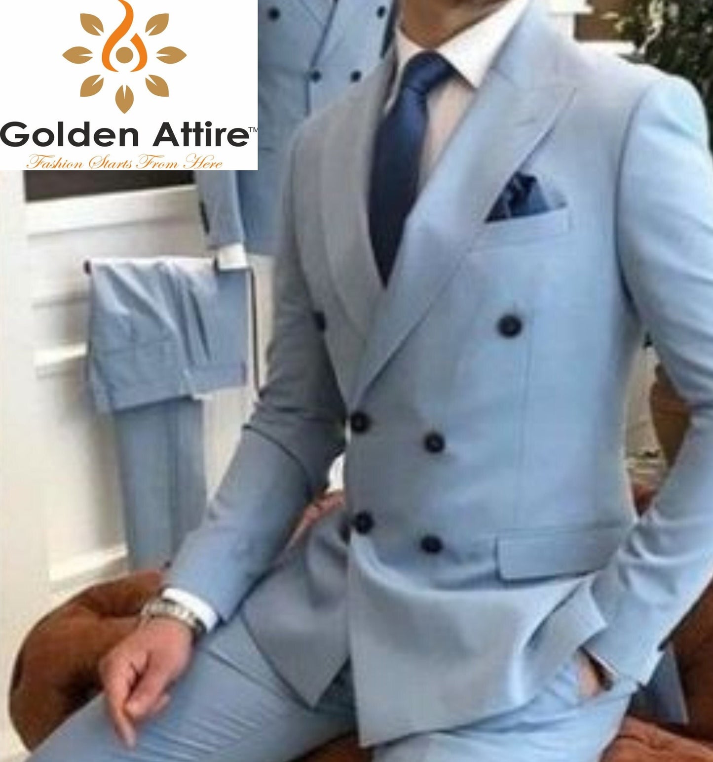 Sky Blue Double Breasted Suit: Custom Two-Piece Tuxedo Wedding Suit