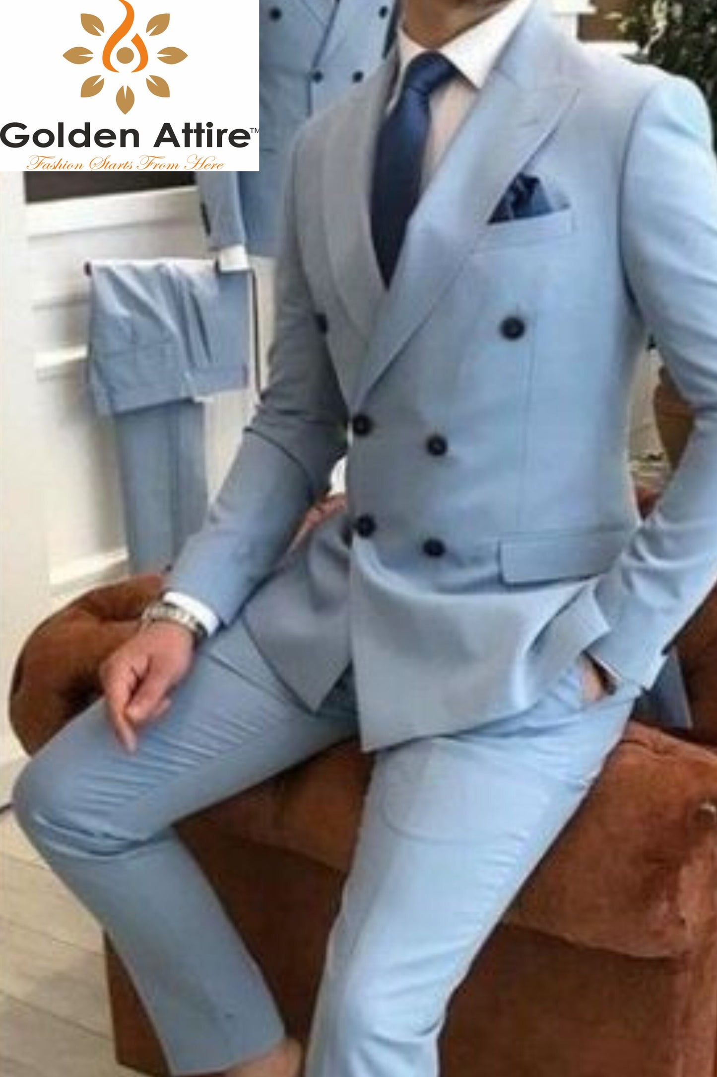 Sky Blue Double Breasted Suit: Custom Two-Piece Tuxedo Wedding Suit