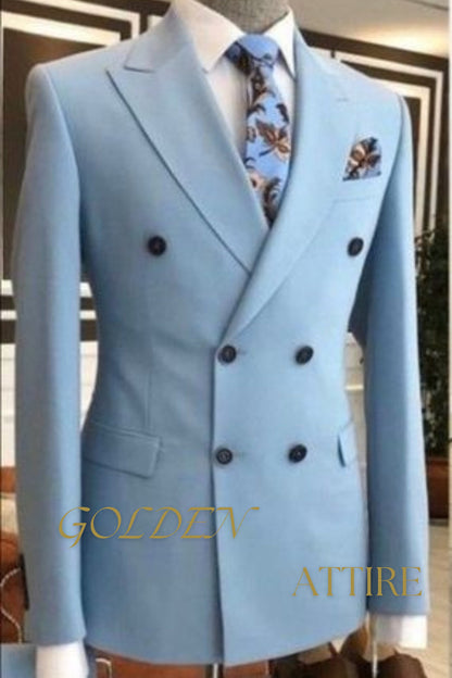 Sky Blue Double Breasted Suit: Custom Two-Piece Tuxedo Wedding Suit