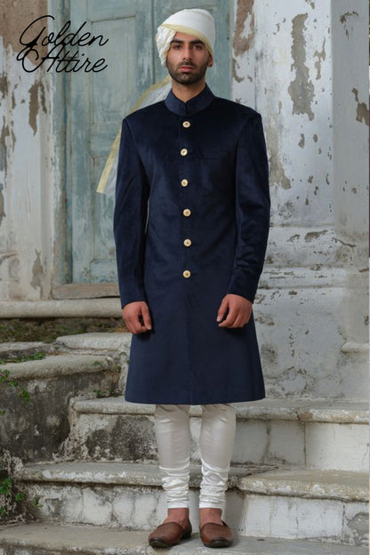 Blue Velvet Sherwani, Indian Groom Wedding Outfit