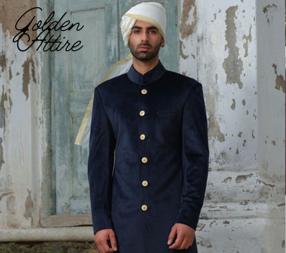 Blue Velvet Sherwani, Indian Groom Wedding Outfit