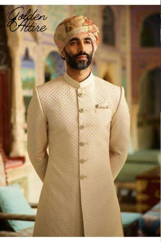 Handcrafted White Sherwani Groom Outfit, Indo Western Wedding Set