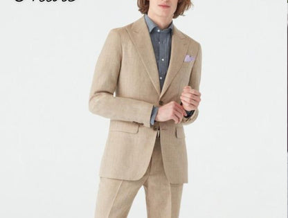 Beige Linen Suit: Slim Fit Two-Piece Wedding Suit