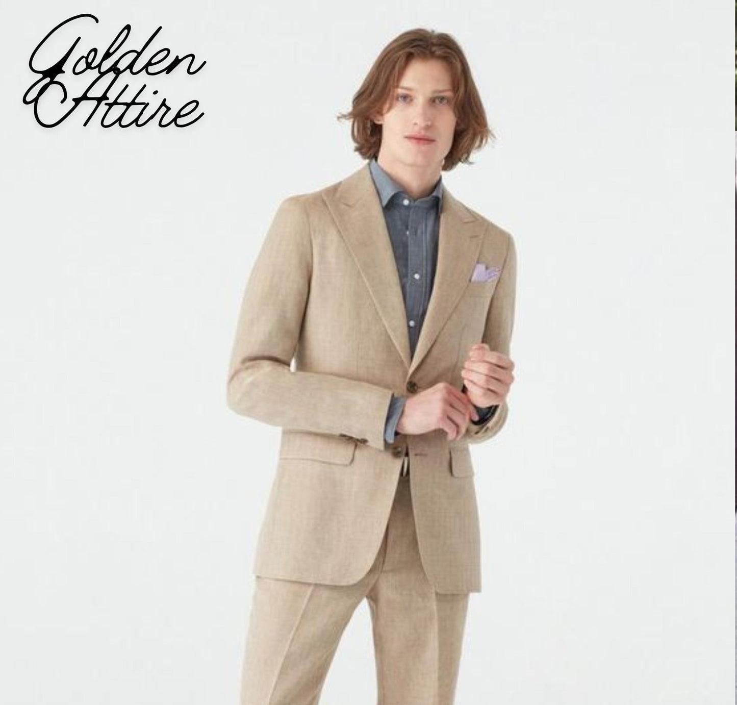 Beige Linen Suit: Slim Fit Two-Piece Wedding Suit