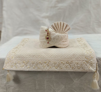 Ivory Wedding Turban & Shawl Set for Groom: Indian Sherwani Safa