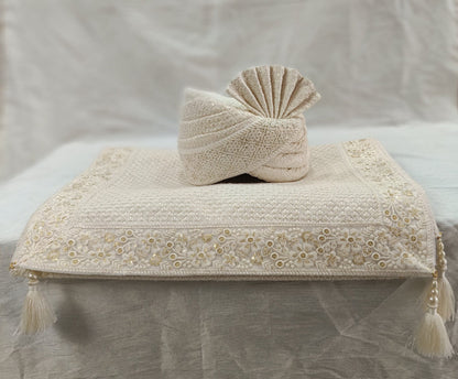Ivory Wedding Turban & Shawl Set for Groom: Indian Sherwani Safa