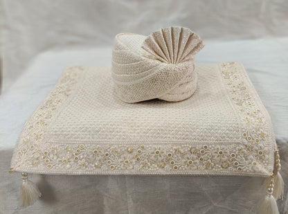 Ivory Wedding Turban & Shawl Set for Groom: Indian Sherwani Safa
