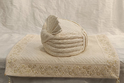 Ivory Wedding Turban & Shawl Set for Groom: Indian Sherwani Safa